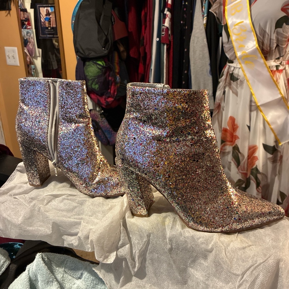 Allegra K Multicolor Glitter Ankle Booties